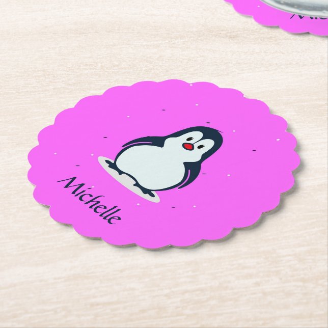 Porta-copo De Papel Pinguim fofo de nome personalizado a rosa (Angular)