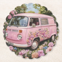 Pink Bus Beach Wall Art, Retro Van Print Californa