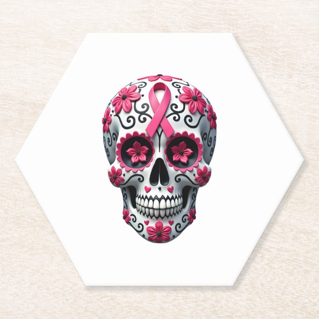 Porta-copo De Papel Pink Ribbon Sugar Skull Calavera Breast Cancer Awa (Frente)