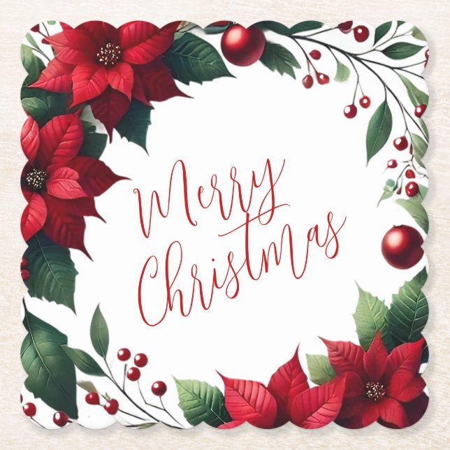 Porta-copo De Papel Poinsettia Wreath – Elegant Christmas Florals (Frente)