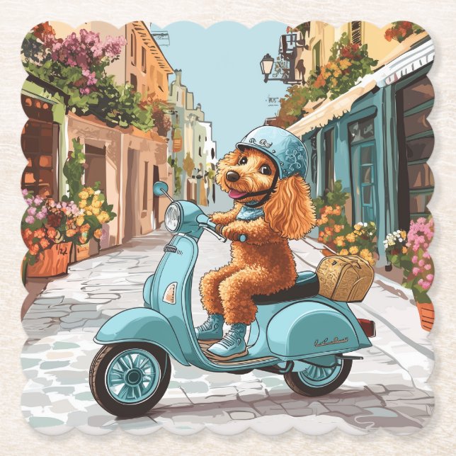 Porta-copo De Papel Poodle Padrão andando de Scooter (Frente)