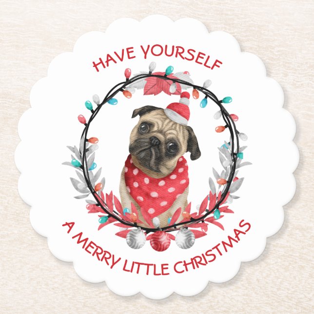 Porta-copo De Papel Pug Tenha um Natal Feliz (Frente)