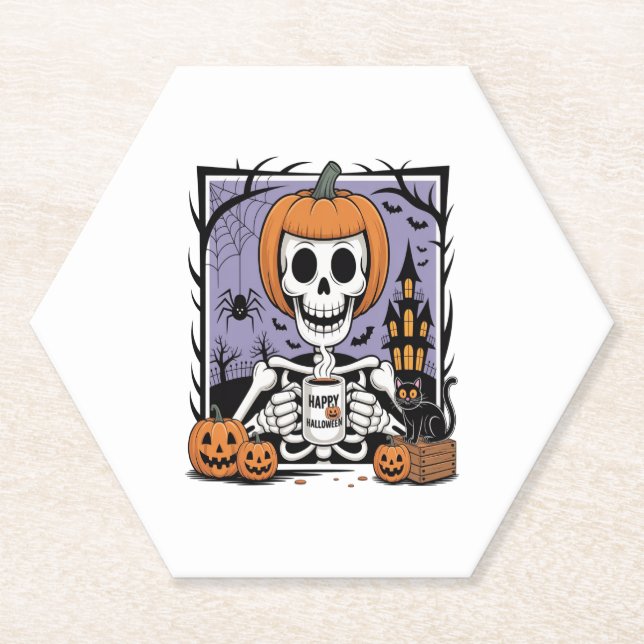Porta-copo De Papel Pumpkin Skeleton Bebendo Café (Frente)