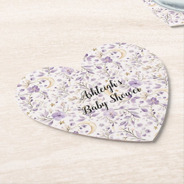 Porta-copo De Papel Purple White Moons & Stars Floral Baby Shower (Angular)