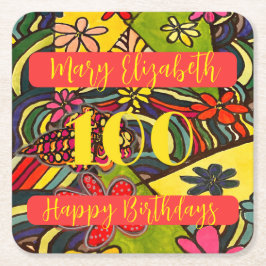 Porta-copo De Papel Quadrado 100 Aniversário Floral