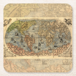 Porta-copo De Papel Quadrado 1565 Mapa Antigo do Mundo de Forlani Cartografia V