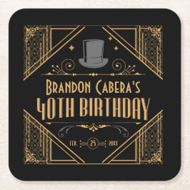 Porta-copo De Papel Quadrado 1920 Preto e Dourado da Arte de aniversário de 40 