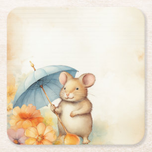 Porta-copo De Papel Quadrado 1 Rato com guarda-chuva azul flores laranja rosa