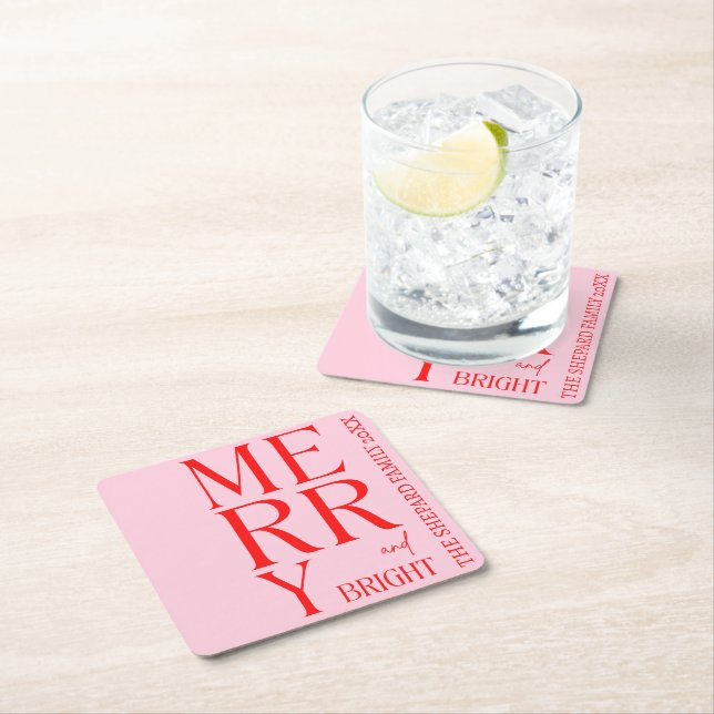 Porta-copo De Papel Quadrado 2025 Modern Merry and Bright Red Pink Christmas (Insitu)