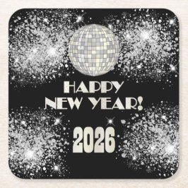 Porta-copo De Papel Quadrado 2026 Black Silver Glitter New Year's Eve Party 