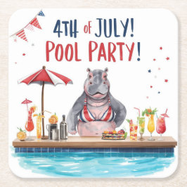 Porta-copo De Papel Quadrado 4th July Hippo Bikini in Pool Party 