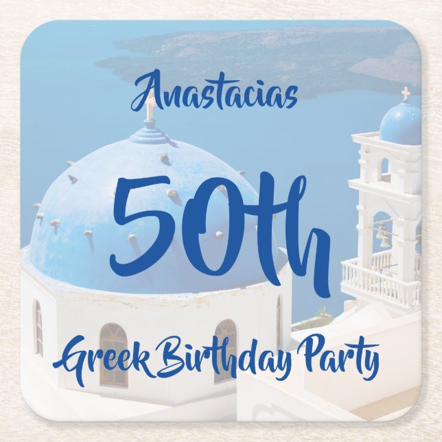 Porta-copo De Papel Quadrado 50ª Festa de aniversário grega personalizada (Frente)