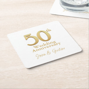 Porta-copo De Papel Quadrado 50º aniversário de casamento Dourado Branca