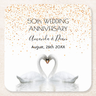 Porta-copo De Papel Quadrado 50º aniversário do casamento de ouro, cisnes branc