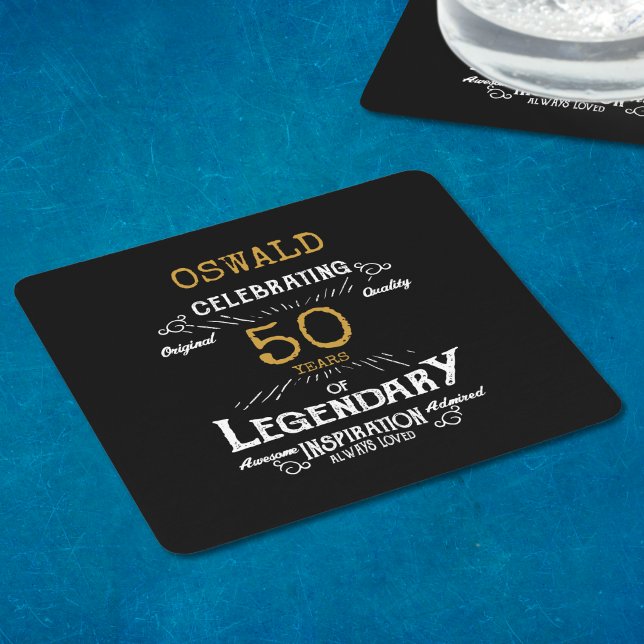 Porta-copo De Papel Quadrado 50.º aniversário da Legenda Dourada Preta (A personalized elegant 50th birthday paper coaster that is easy to customize)
