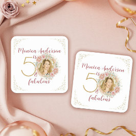 Porta-copo De Papel Quadrado 50 and Fabulous Pink Floral Gold Photo Birthday