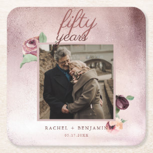 Porta-copo De Papel Quadrado 50 anos de Rosa de casamento