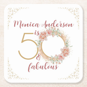 Porta-copo De Papel Quadrado 50 e Fabuloso Foto Floral Rosa Dourado Aniversário