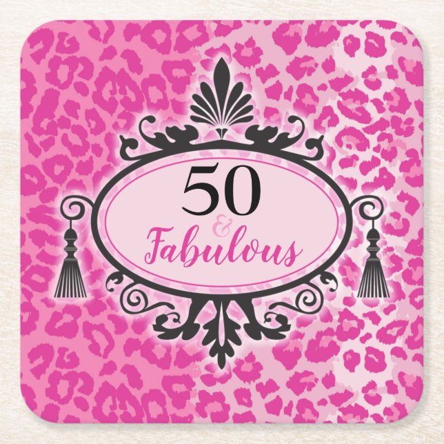 Porta-copo De Papel Quadrado 50 e Fabuloso Leopardo Rosa 50º Aniversário Nápole (Frente)