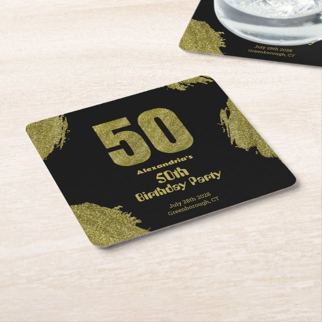 Porta-copo De Papel Quadrado 50th birthday black gold glitter party (Inclinado)