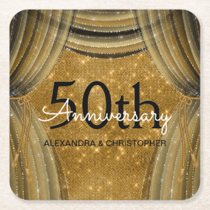 Porta-copo De Papel Quadrado 50th Faísca preta e Dourado do aniversário de