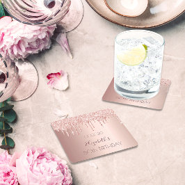 Porta-copo De Papel Quadrado 60º aniversário, blush rosa dourado glitter nome