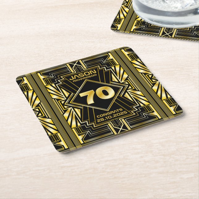 Porta-copo De Papel Quadrado 70 Birthday Art Deco Dourado Excelente Negro Gatsb (Inclinado)