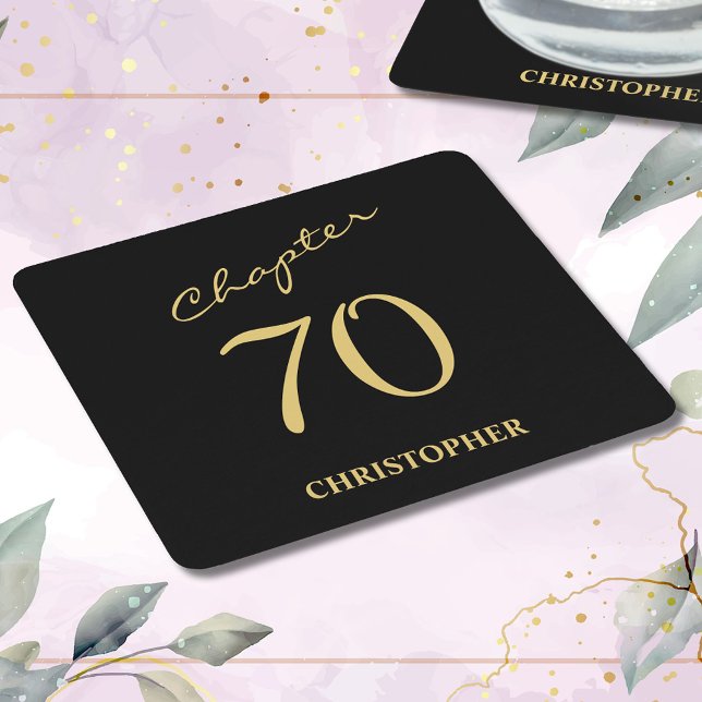 Porta-copo De Papel Quadrado 70 Birthday Black Dourado Capítulo 70 (Chapter 70. 70th birthday personalized black and gold paper coasters. )
