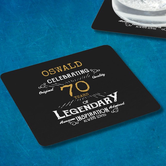 Porta-copo De Papel Quadrado 70 Birthday Black Dourado Legendário Retro (A personalized elegant 70th birthday paper coaster)