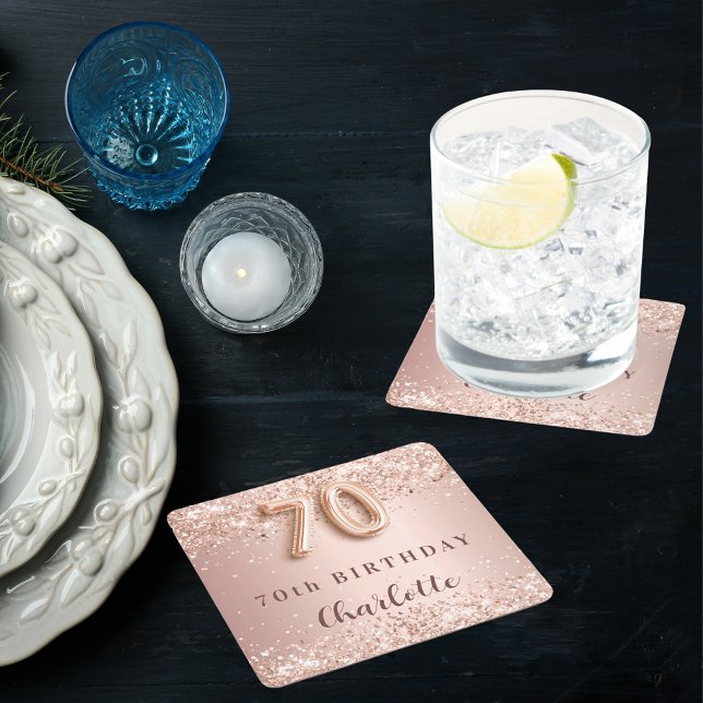 Porta-copo De Papel Quadrado 70 de aniversário rosa douroublush name (Criador carregado)