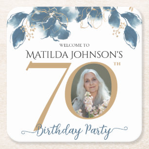 Porta-copo De Papel Quadrado 70 Floral Birthday Blue Dourado Watercolor Foto