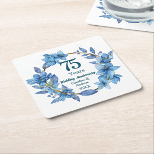 Porta-copo De Papel Quadrado 75º Aniversário de Casamento Floral Azul Elegante