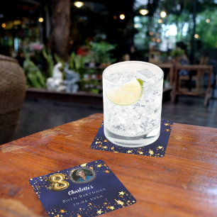 Porta-copo De Papel Quadrado 80 aniversário marinho estrelas douradas azuis