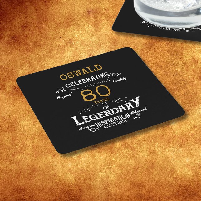 Porta-copo De Papel Quadrado 80 Birthday Black Dourado Legendário Retro (A personalized elegant paper coaster that is easy to customize for that special 80th birthday party.)