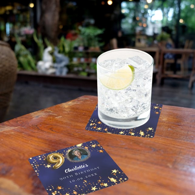 Porta-copo De Papel Quadrado 90 aniversário marinho estrelas douradas azuis (Criador carregado)