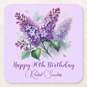 Porta-copo De Papel Quadrado 90 Birthday Roxo Flores Lilás Primavera