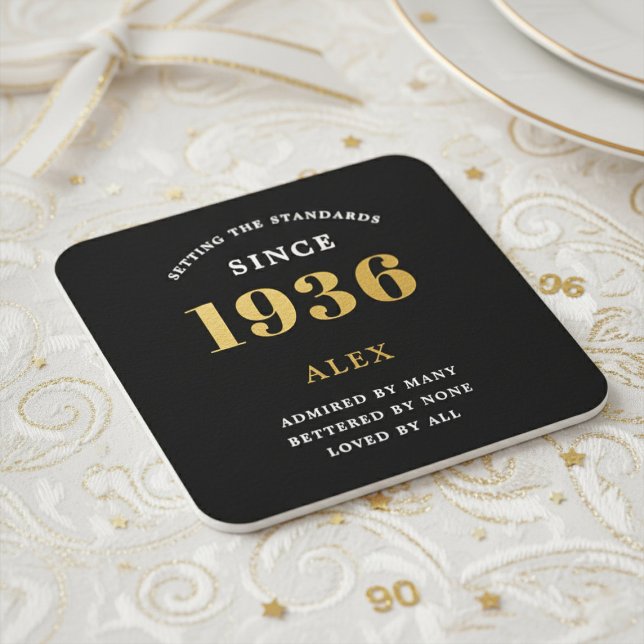 Porta-copo De Papel Quadrado 90th Birthday Name 1936 Year Black Gold Custom (1936 paper coaster. White background.)