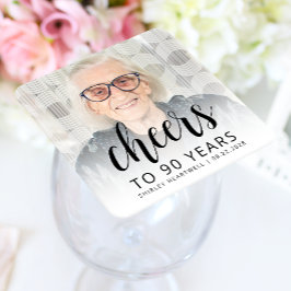 Porta-copo De Papel Quadrado 90th Birthday Party Photo Black Script Cheers