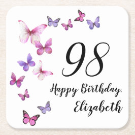 Porta-copo De Papel Quadrado 98th Birthday Pink Purple Butterflies 