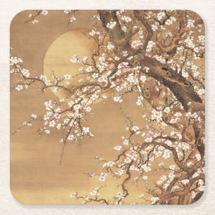 Porta-copo De Papel Quadrado A ameixa japonesa floresce à lua