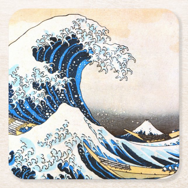 Porta-copo De Papel Quadrado A onda de Excelentes de Kanagawa, Hokusai (Frente)