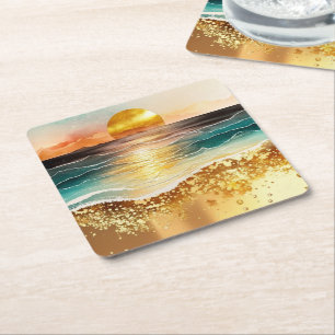 Porta-copo De Papel Quadrado A Série Praia de Aquarela Design 3
