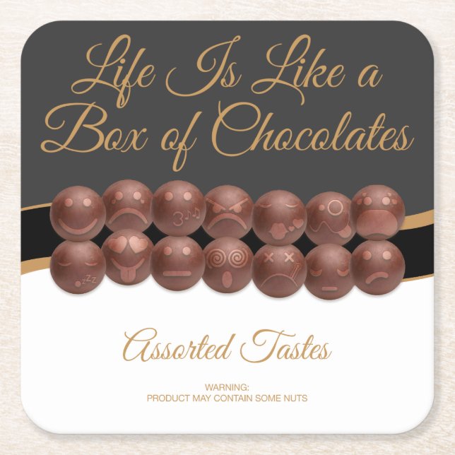 Porta-copo De Papel Quadrado A Vida é Como uma Caixa de Chocolates (Frente)