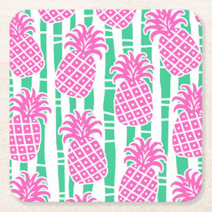 Porta-copo De Papel Quadrado Abacaxi Bamboo Stripes Rosa e Verde Padrão