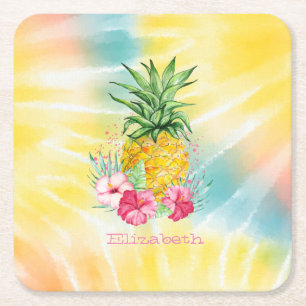Porta-copo De Papel Quadrado Abacaxi, Hibisco Tinta Tie Dye Arco-íris Aquarela