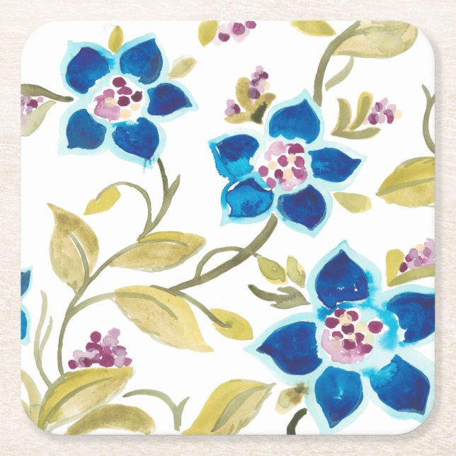 Porta-copo De Papel Quadrado Abbey Floral Azulejos - Blue Blooms (Frente)