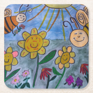 Porta-copo De Papel Quadrado Abelhas e Flores de Mel