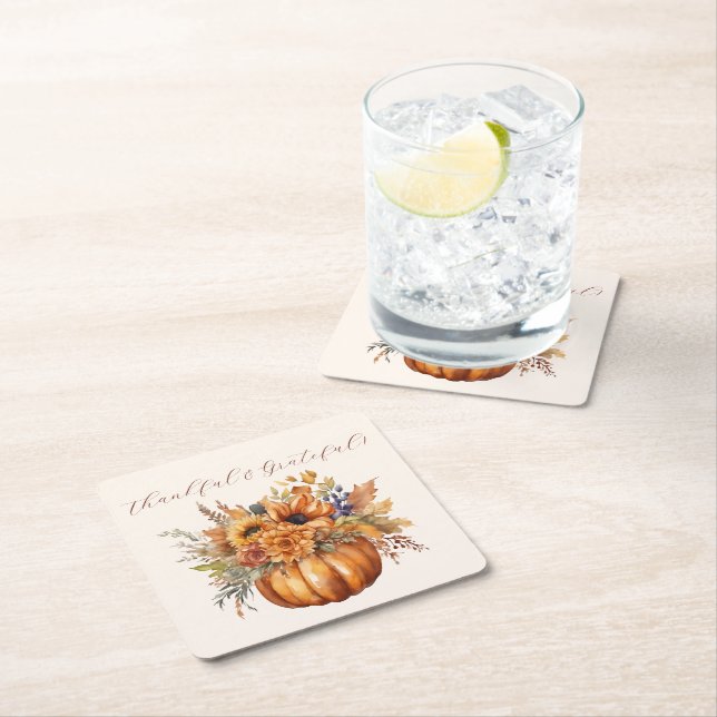 Porta-copo De Papel Quadrado Abóbora com Flores Agradecimentos e Gratos (Insitu)