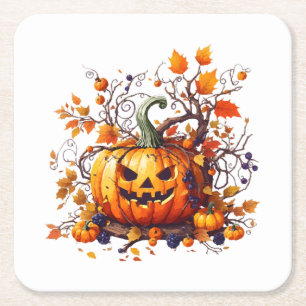 Porta-copo De Papel Quadrado abóbora engraçada de outono do Halloween