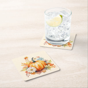 Porta-copo De Papel Quadrado Abóboras Laranja e Flores Outono